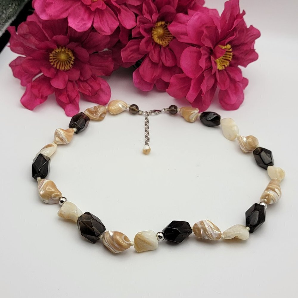 Vintage Sterling Silver 925 Onyx And Mother Of Pearl Beaded Necklace 20" Sizable